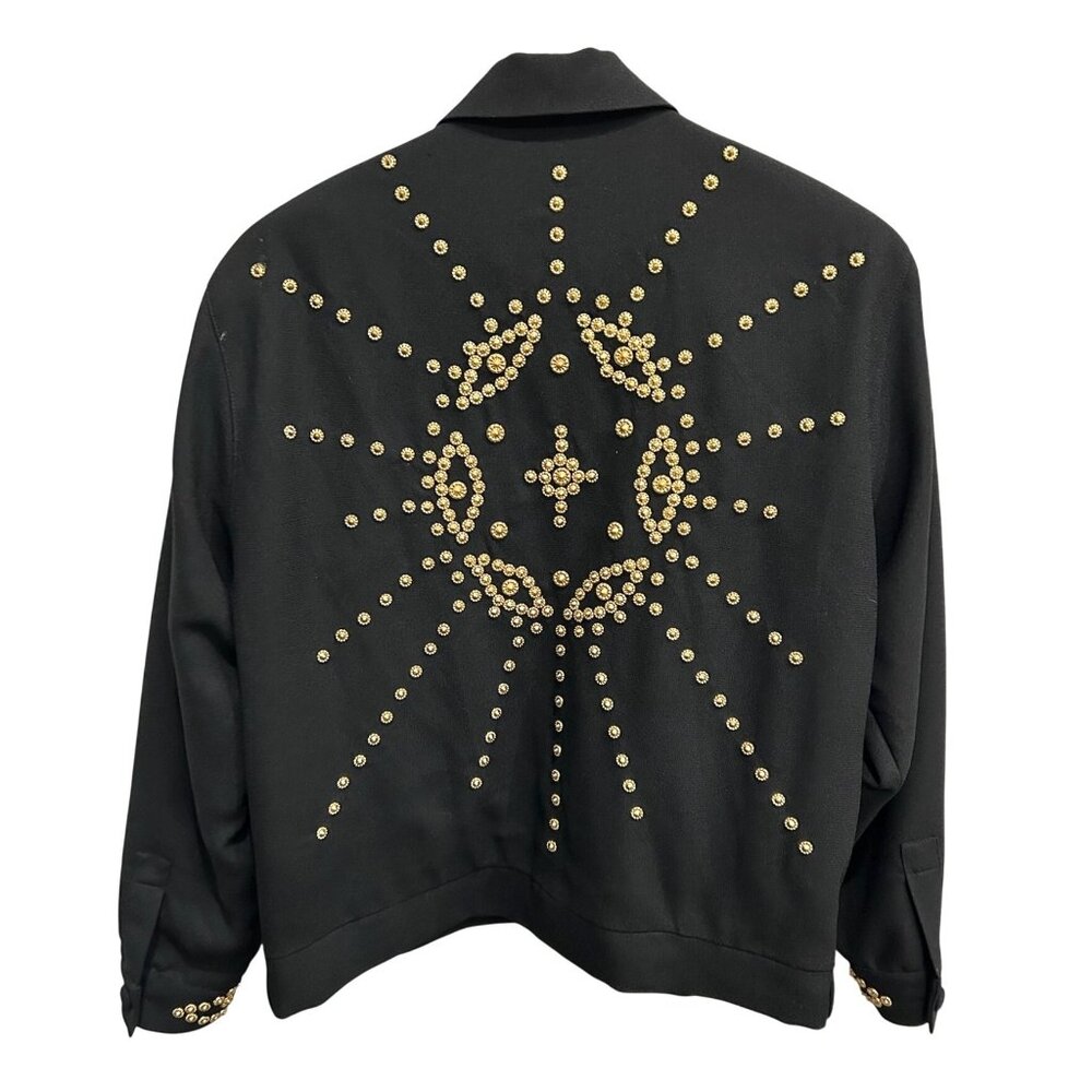 Deborah Laws Black Studded Jacket Decorative Gold Buttons Front Zip Sz Medium